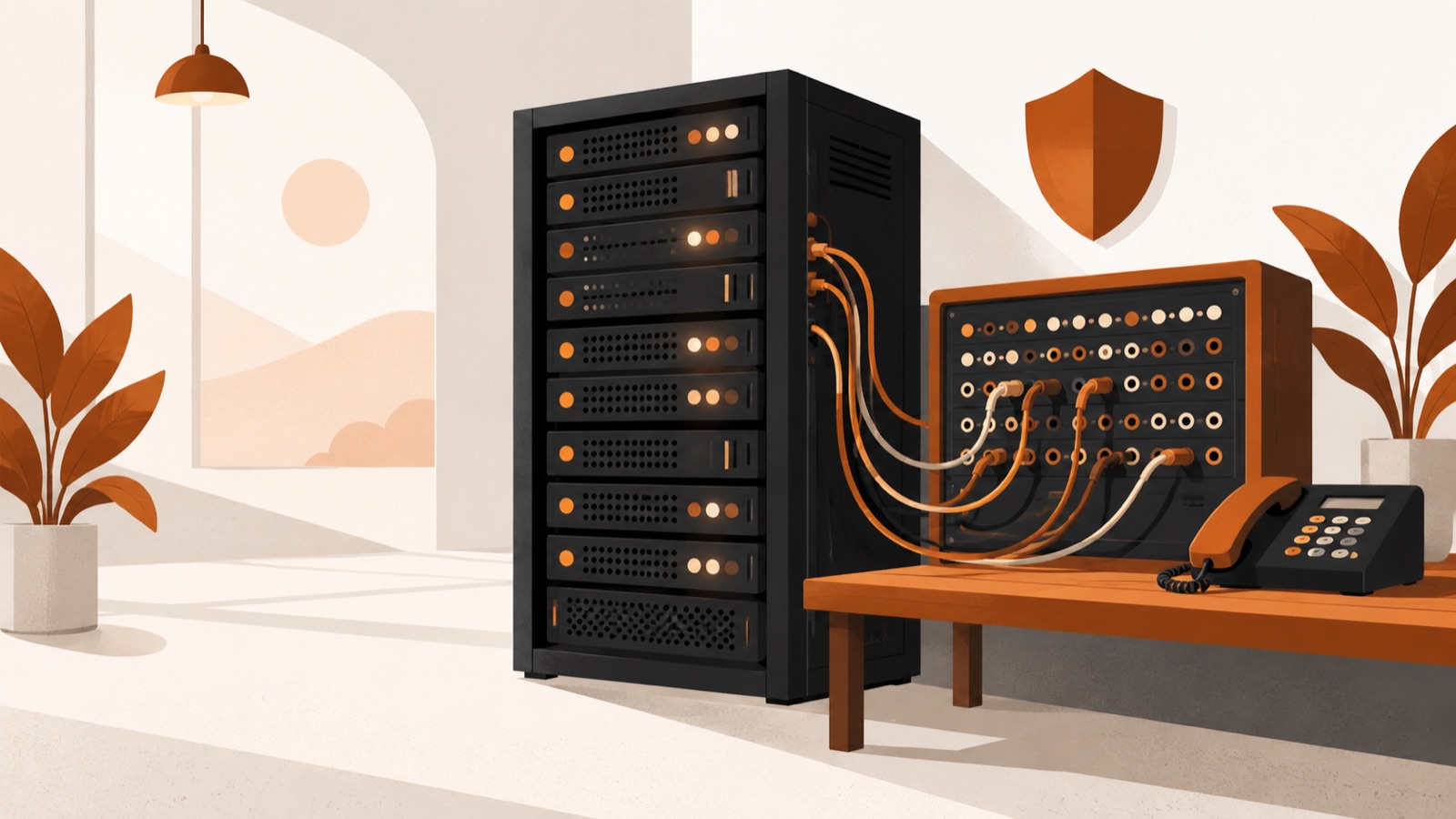 A server rack connected to a switchboard panel, with a security shield