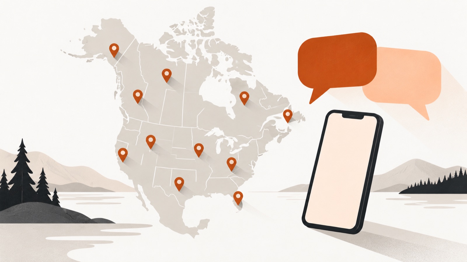 A map of the United States and Canada with location pins, two speech bubbles and a phone