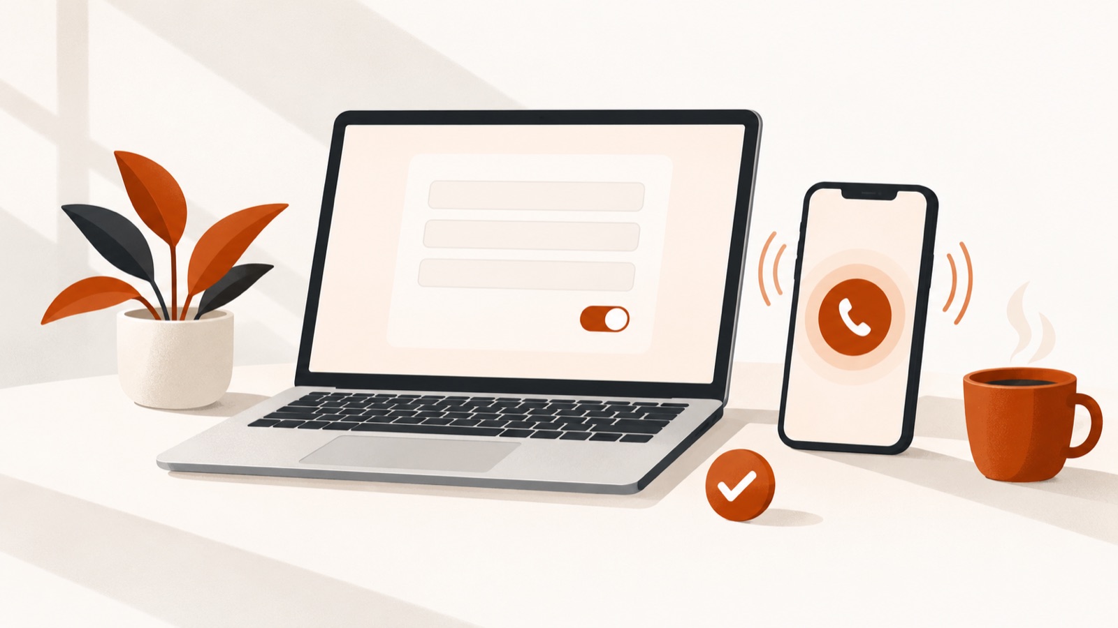 Una laptop con un breve formulario de configuración junto a un teléfono que recibe su primera llamada