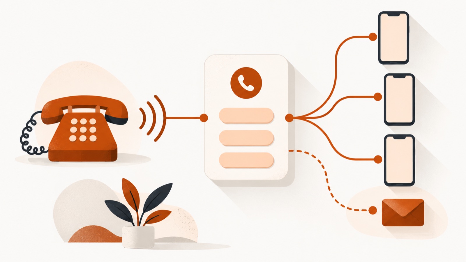Una llamada pasa de un teléfono por un menú sencillo a tres celulares del equipo, y el buzón de voz llega por correo electrónico