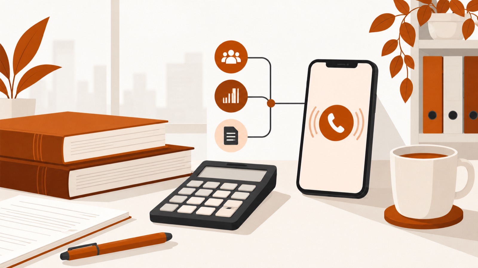 A calculator, ledgers and a coffee cup, beside a smartphone receiving a routed call