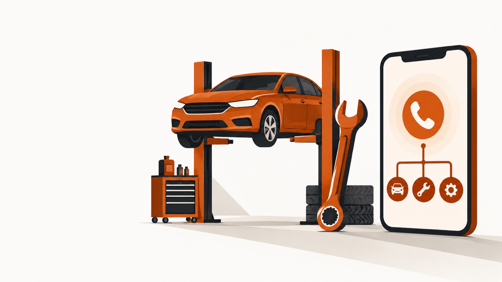 A car on a lift and a wrench, beside a smartphone receiving a routed call