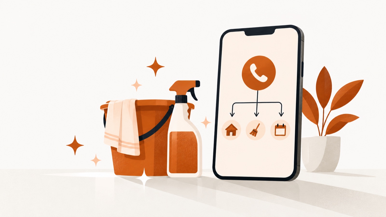 A bucket, spray bottle and sparkling clean surface, beside a smartphone receiving a routed call