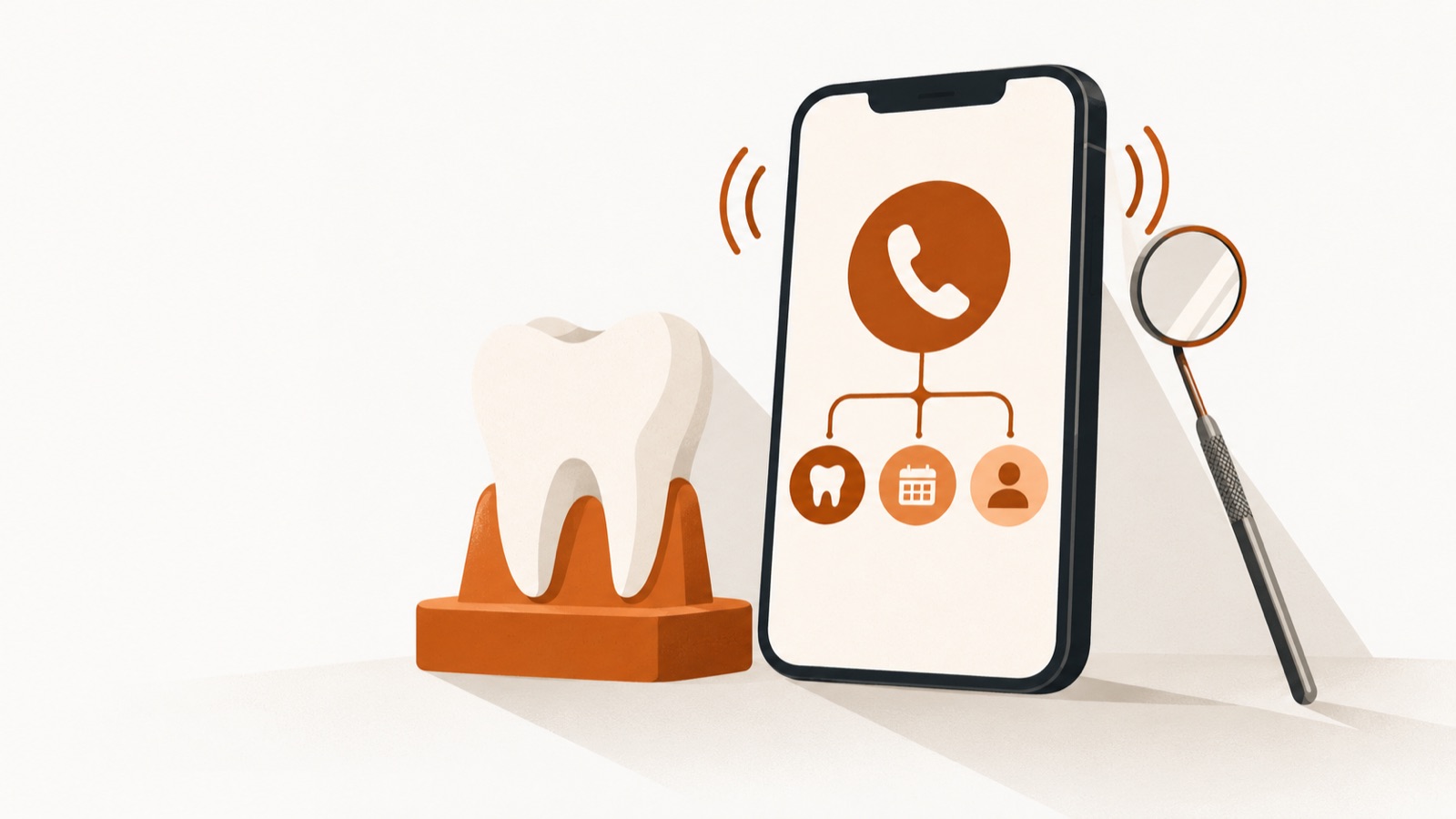 A dentist's tooth model and dental mirror, beside a smartphone receiving a routed call