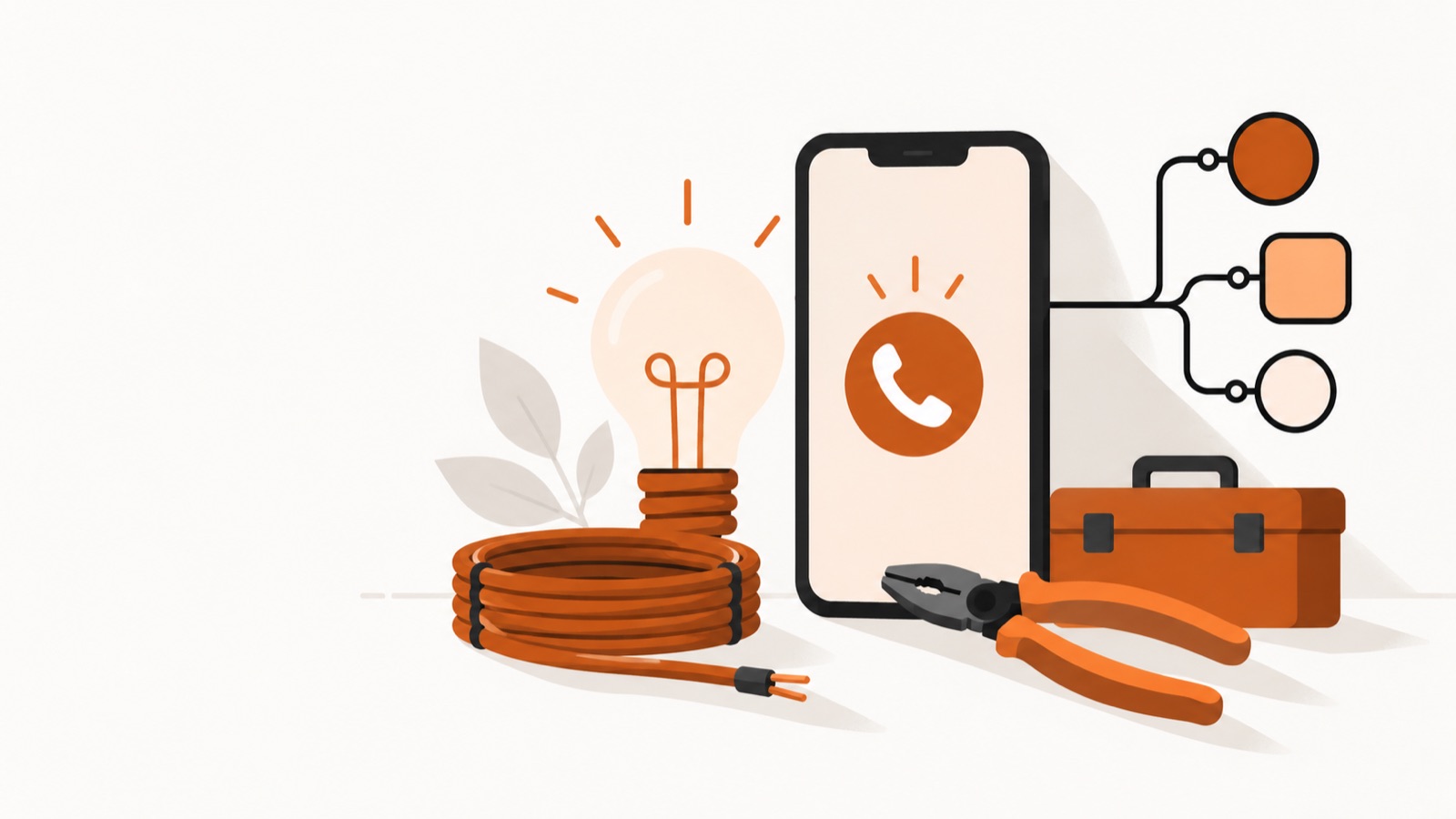 A light bulb, wire coil and pliers, beside a smartphone receiving a routed call