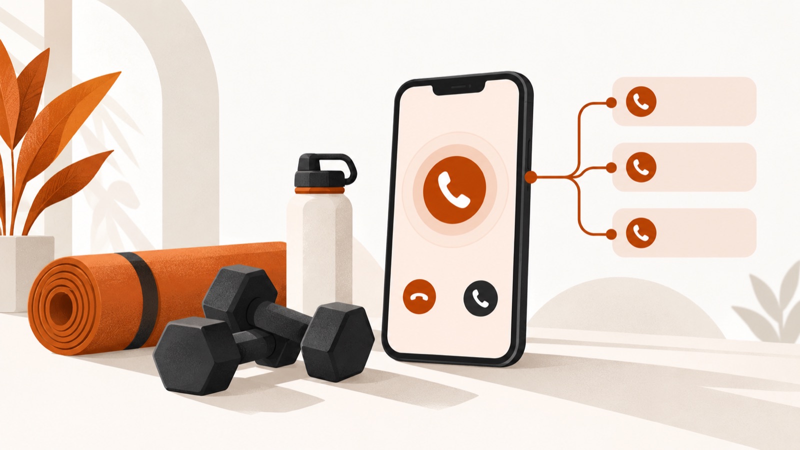 Dumbbells, a yoga mat and a water bottle, beside a smartphone receiving a routed call