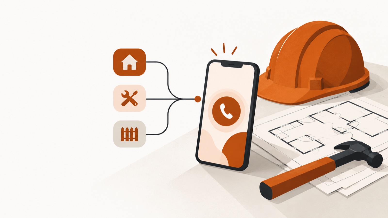 A hard hat, a hammer and building plans, beside a smartphone receiving a routed call