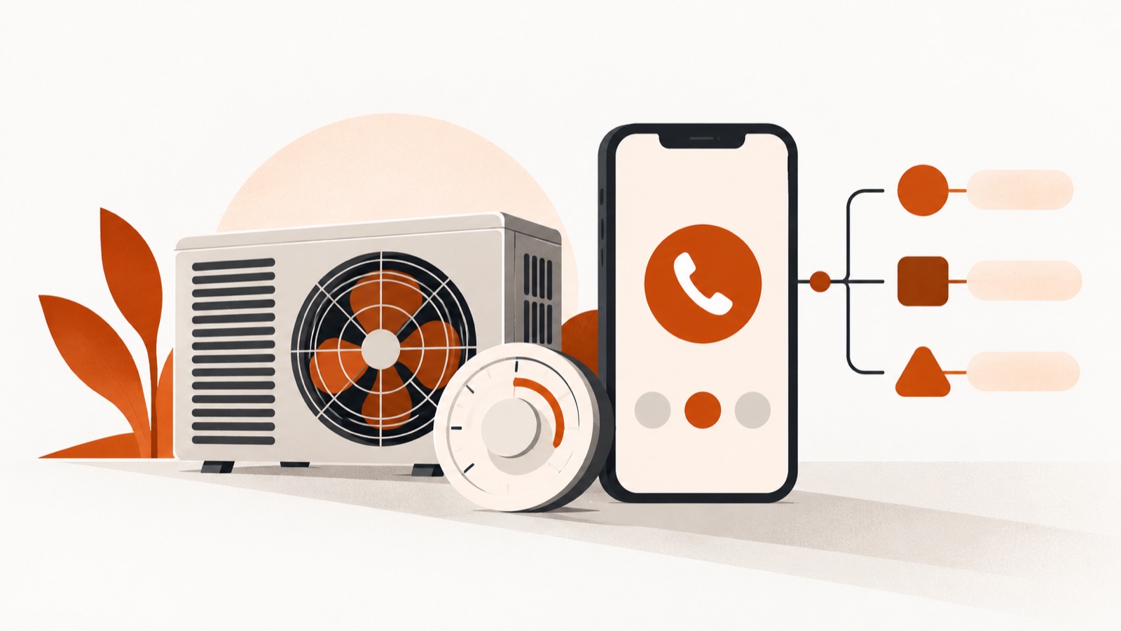 An air-conditioning unit, a thermostat dial and a fan, beside a smartphone receiving a routed call