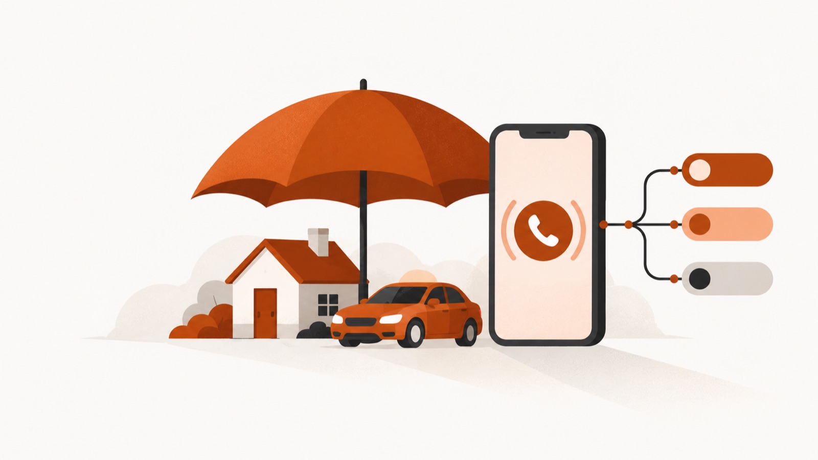 An umbrella shielding a house and a car, beside a smartphone receiving a routed call