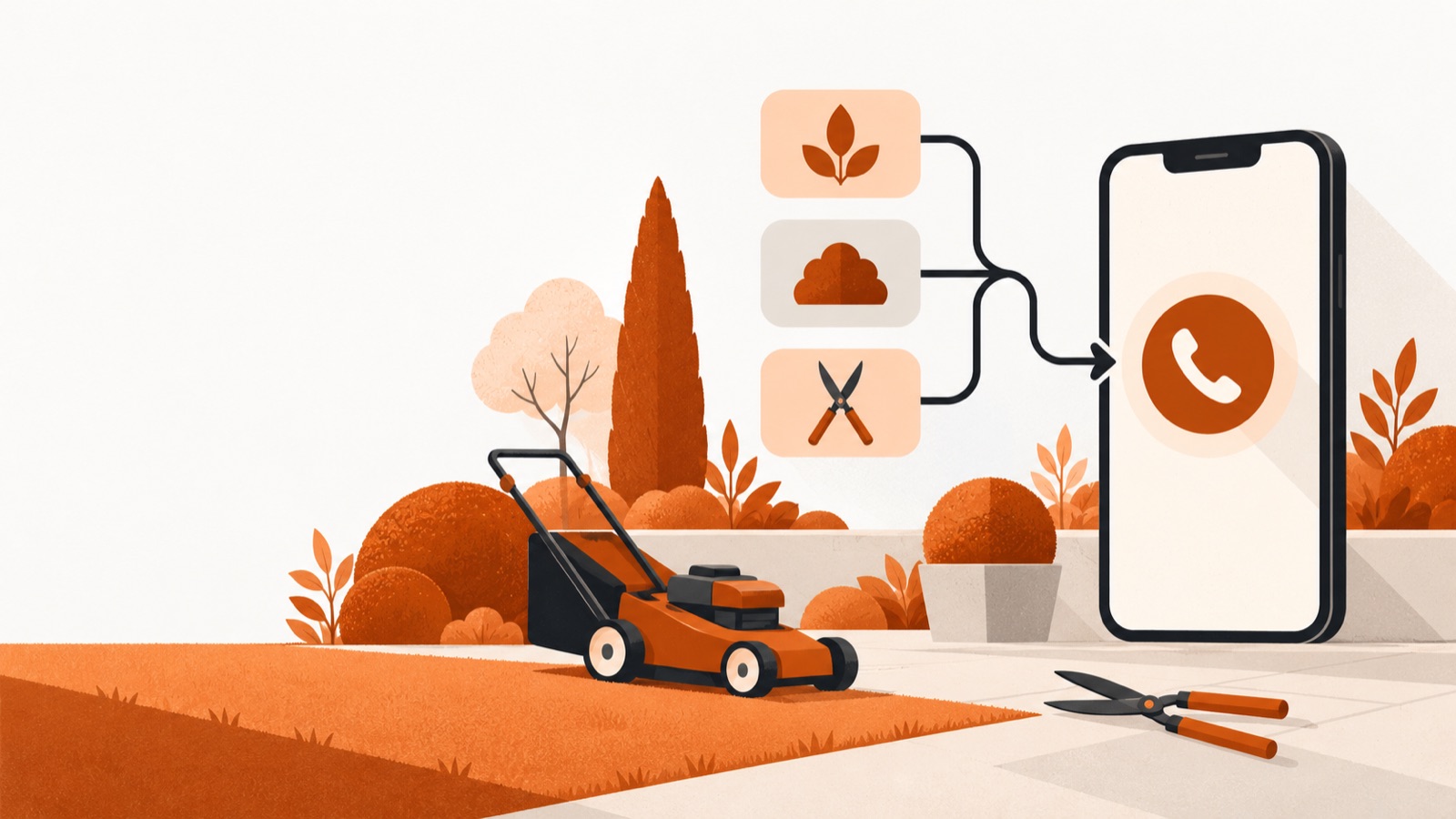 A garden with a lawnmower, shrubs and shears, beside a smartphone receiving a routed call