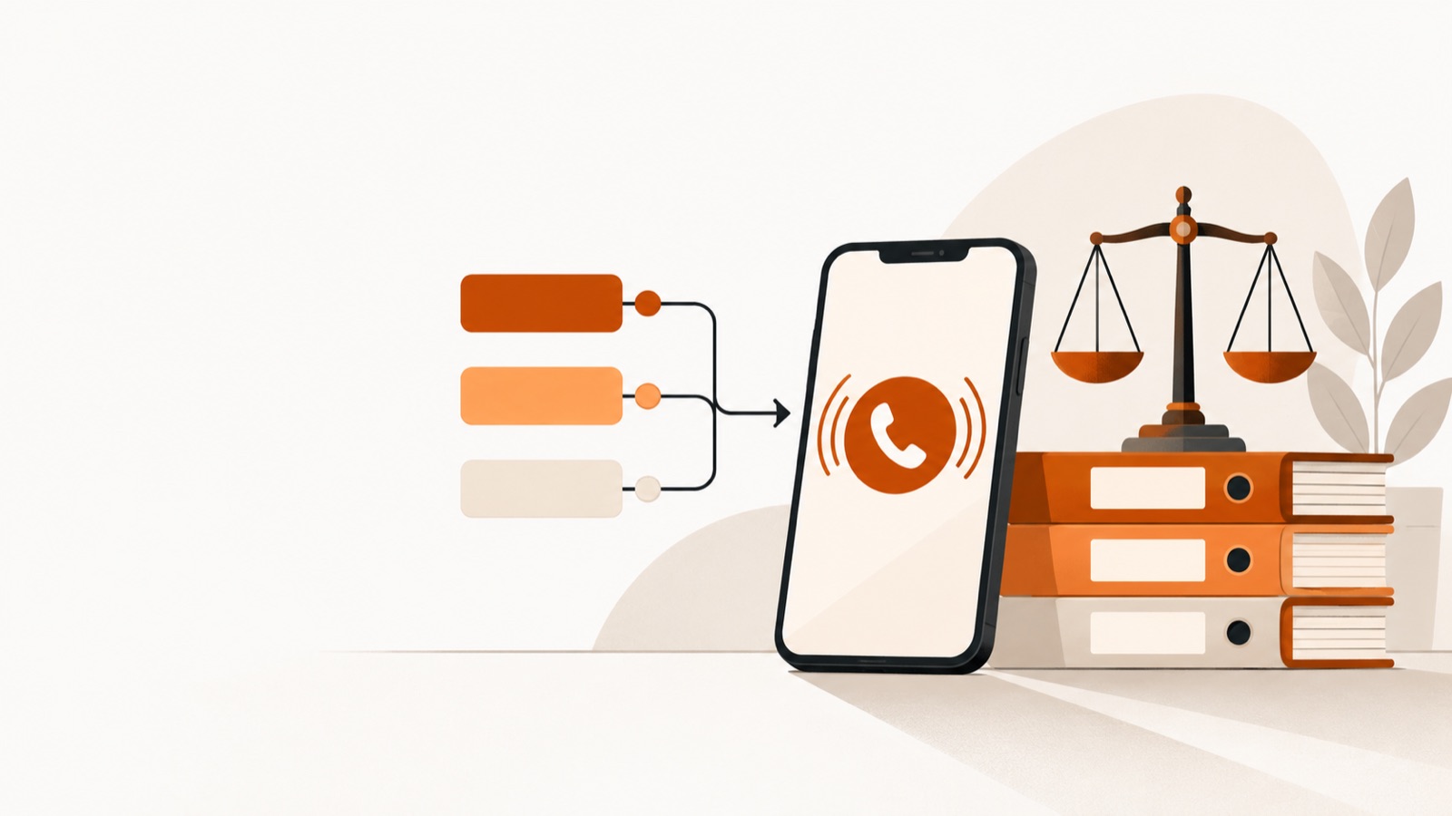 Scales of justice and a stack of legal files, beside a smartphone receiving a routed call