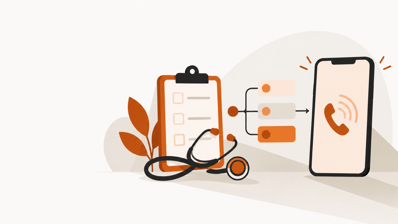 A stethoscope and a clipboard, beside a smartphone receiving a routed call