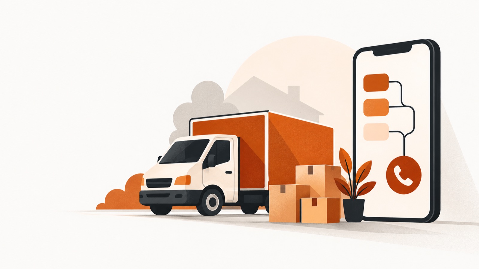 Moving boxes and a small truck, beside a smartphone receiving a routed call