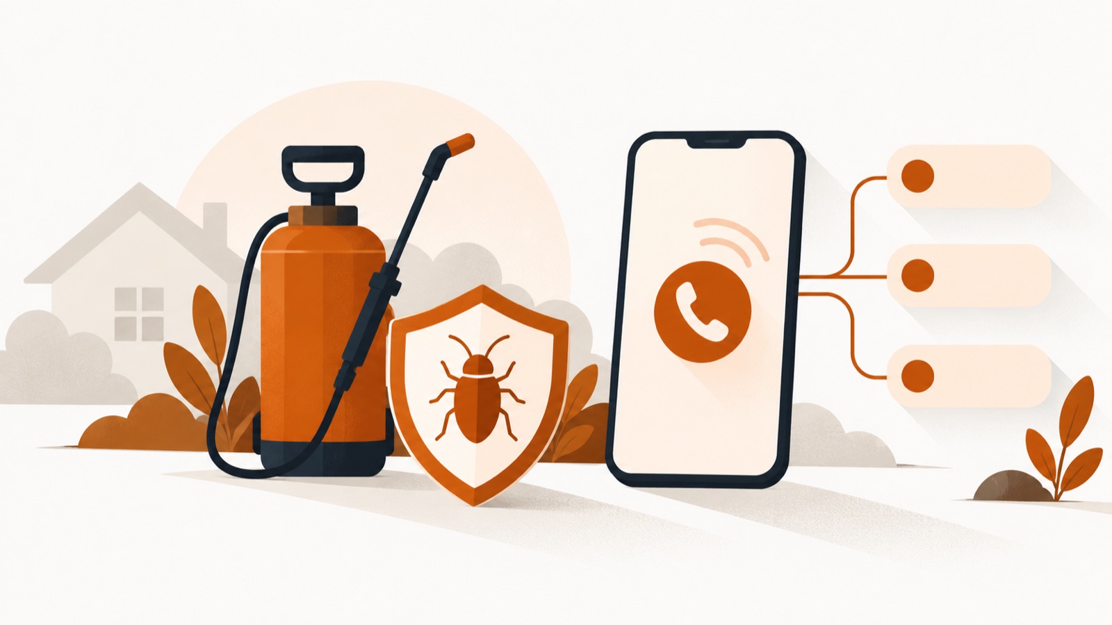 A sprayer and a small stylised bug under a shield, beside a smartphone receiving a routed call