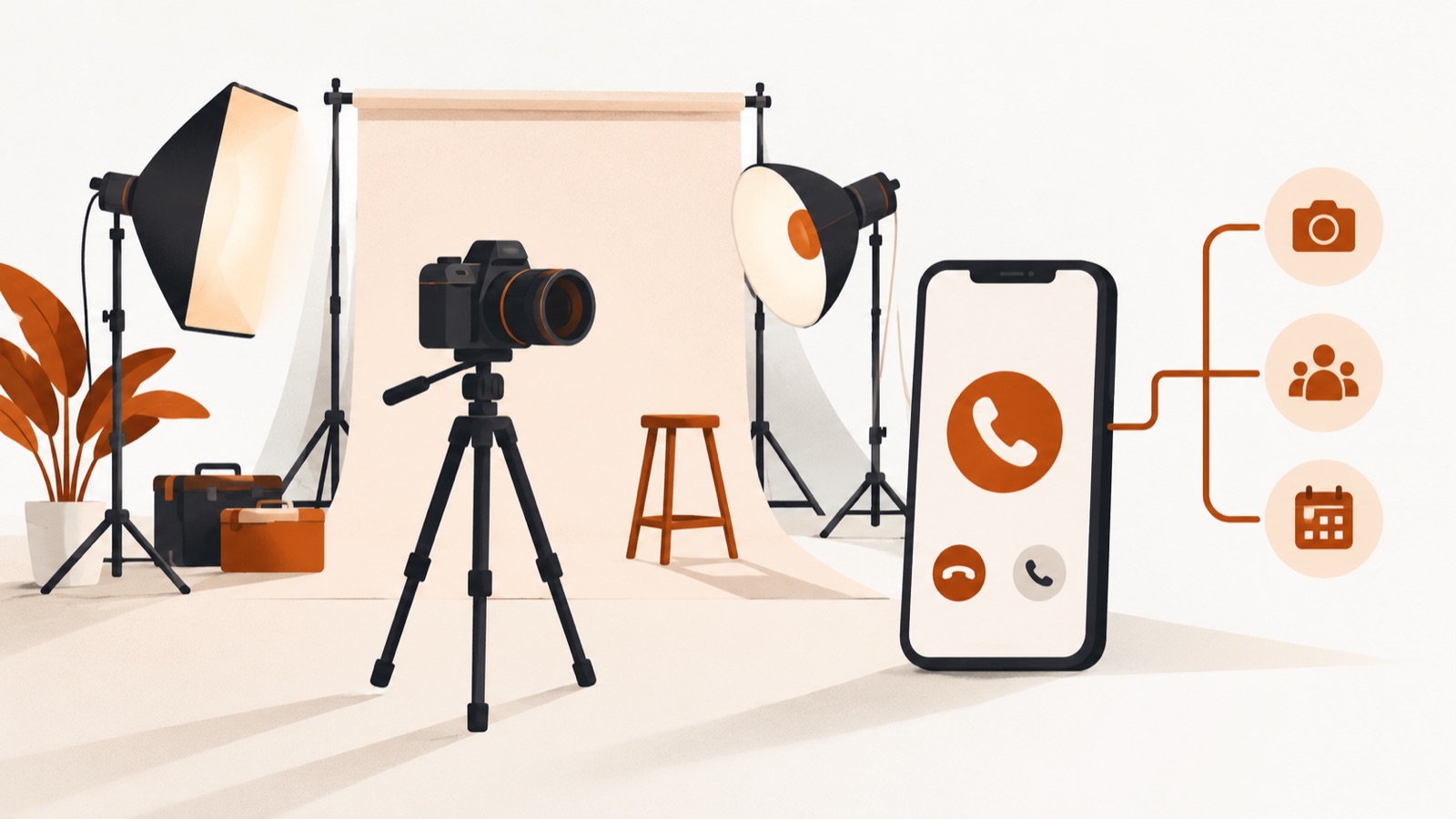 A camera on a tripod with soft studio lights, beside a smartphone receiving a routed call