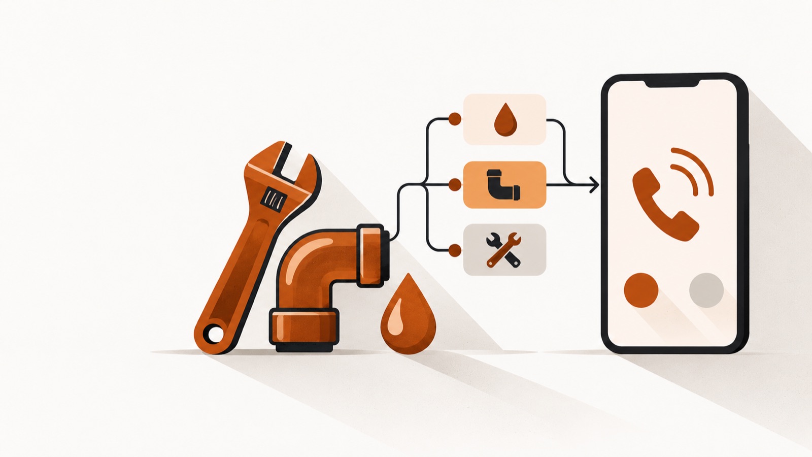 A wrench, a pipe joint and a water drop, beside a smartphone receiving a routed call