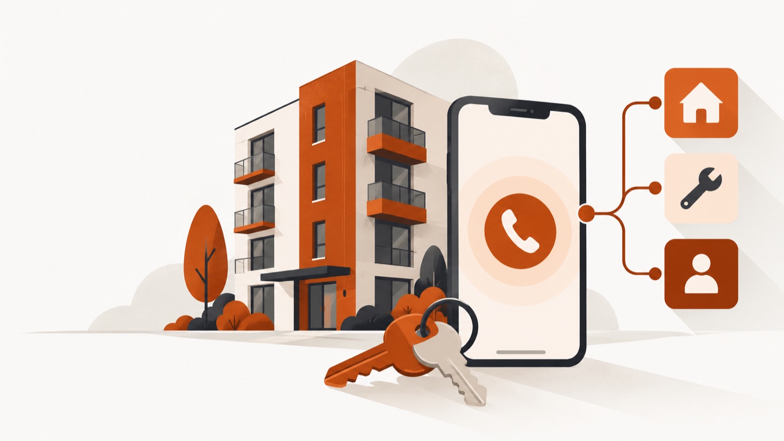 An apartment building and a ring of keys, beside a smartphone receiving a routed call