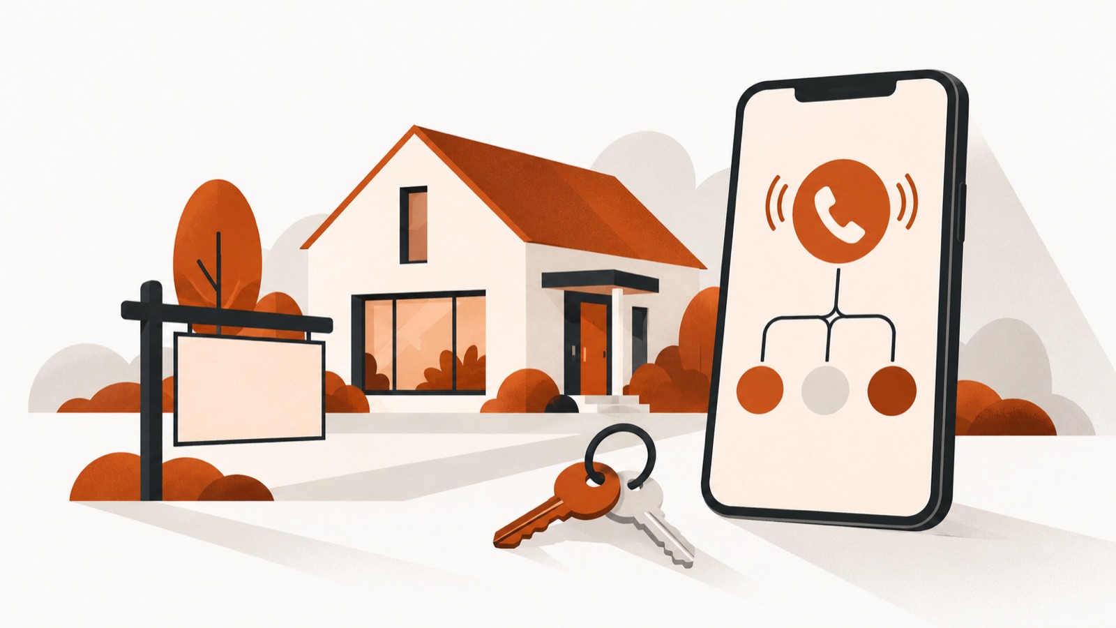 A house with a for-sale sign shape (no text) and keys, beside a smartphone receiving a routed call