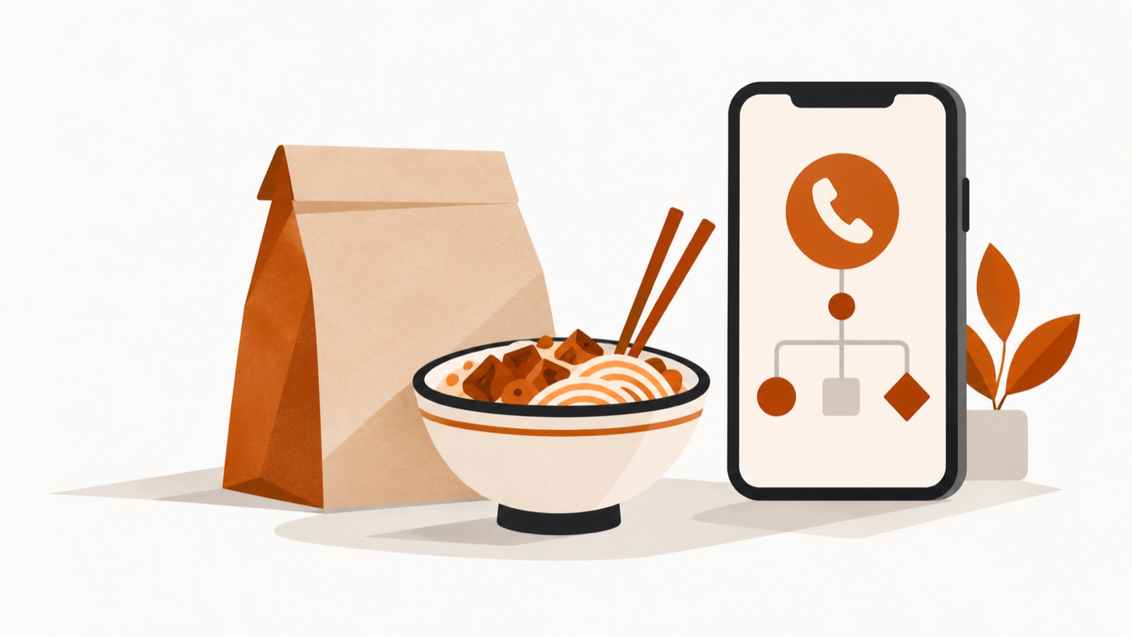A takeout bag, a bowl of food and chopsticks, beside a smartphone receiving a routed call