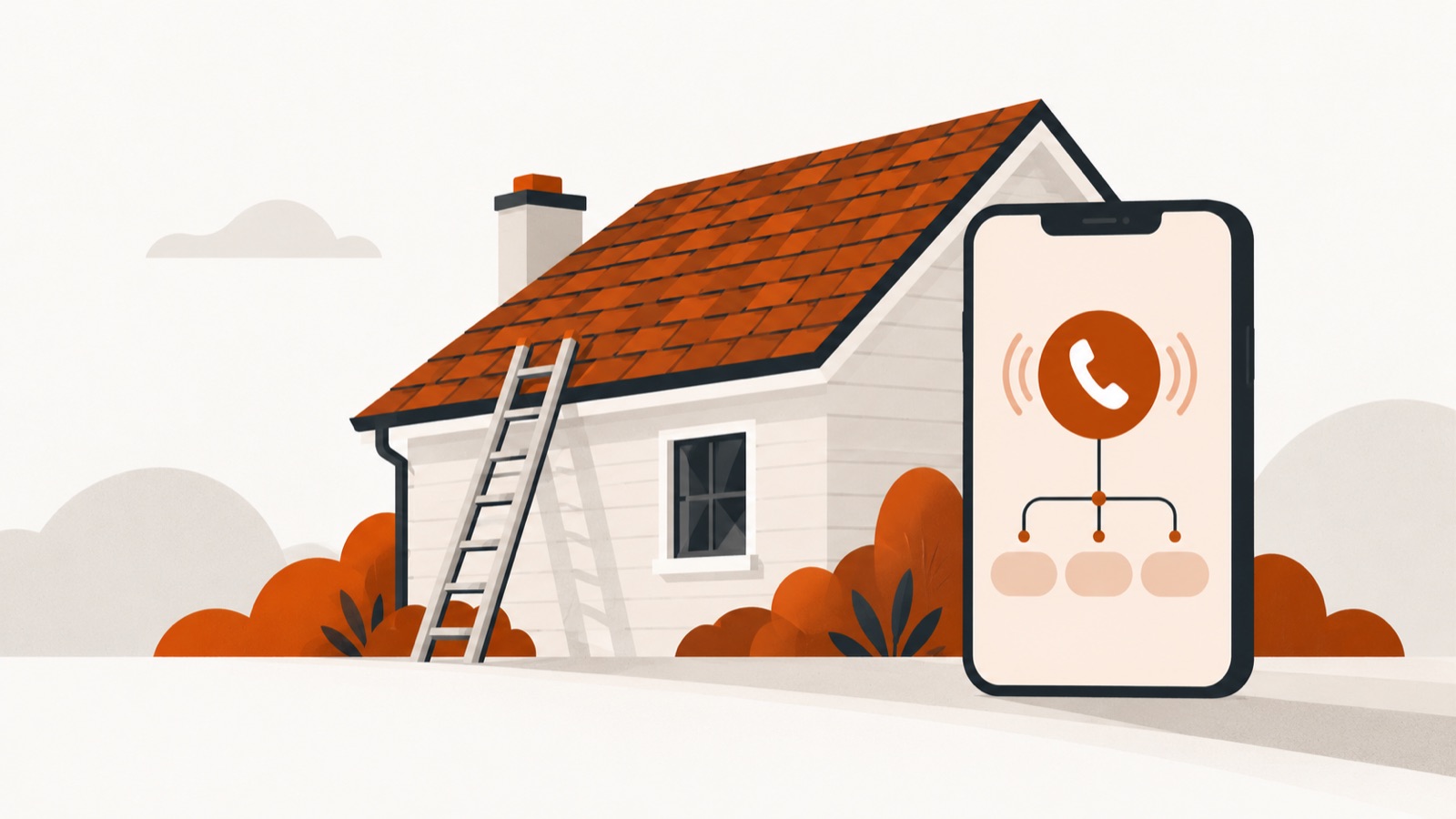 A house roof with shingles and a ladder, beside a smartphone receiving a routed call