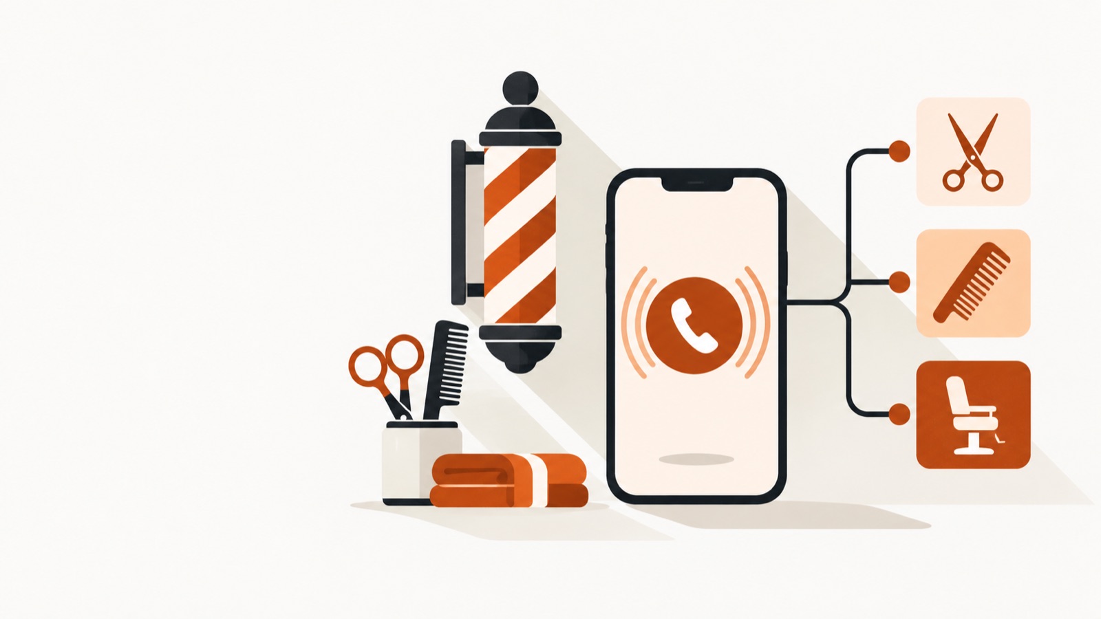 Scissors, a comb and a barber pole, beside a smartphone receiving a routed call