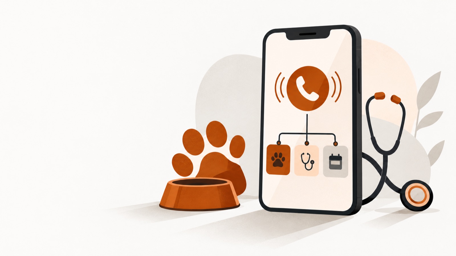 A dog's paw print, a pet bowl and a stethoscope, beside a smartphone receiving a routed call