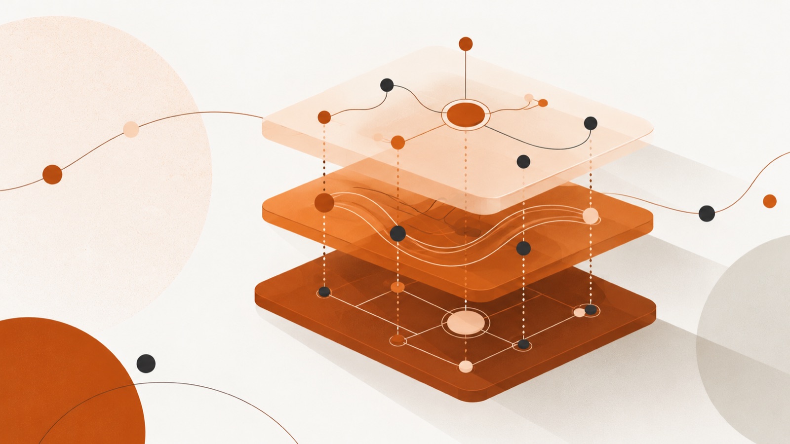 Three stacked layers of a telephony system linked by connected nodes