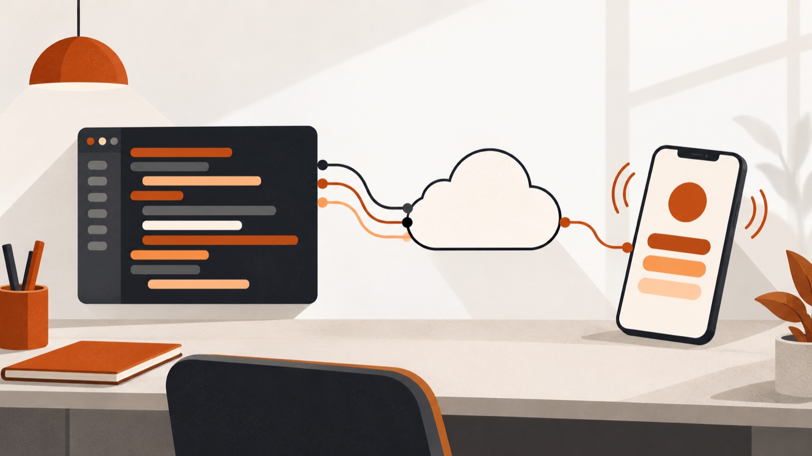 Code on an editor panel connected through the cloud to a ringing phone
